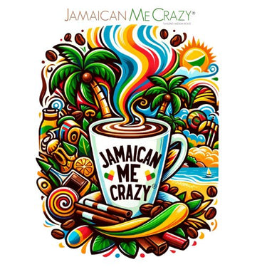 A vibrant illustration for 🌴 Jamaican Me Crazy® Coffee – Tropical Escape in a Cup, featuring a coffee cup with palm trees, beach, coffee beans, sweets, and rainbow steam—perfectly capturing its tropical medium roast flavor.